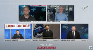 NASA and SpaceX officials participate in a briefing following the agency's SpaceX Demo-2 Return Flight Readiness Review. Clockwise from top left are NASA Administrator Jim Bridenstine; Benji Reed, SpaceX director of crew mission management; Joel Montalbano, manager of NASA's International Space Station Program; and Steve Stich, manager of the agency's Commercial Crew Program.
